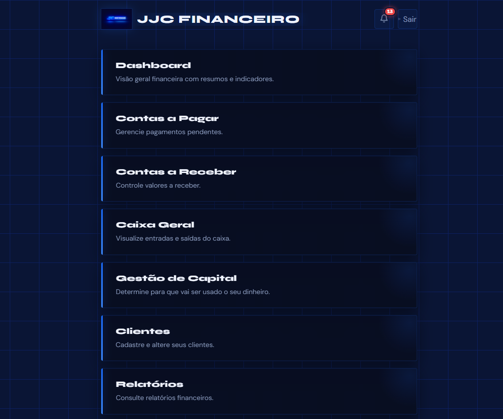 JJC Financeiro — Menu principal